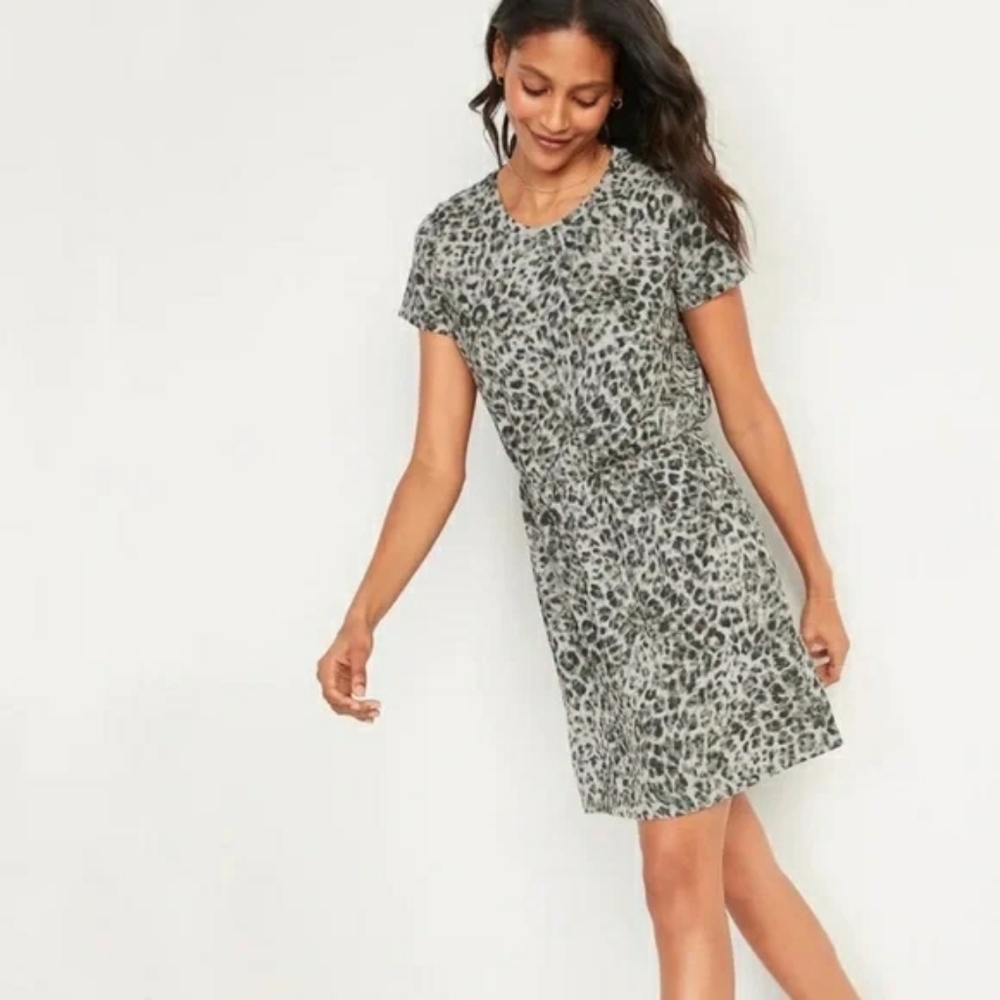 Old Navy Cinched Waist Animal Print Gray Black Slub Knit Dress Size Large